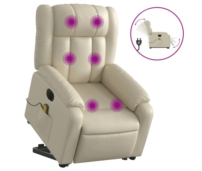 Vidaxl poltrona reclinável elevatória elétrica couro artificial creme