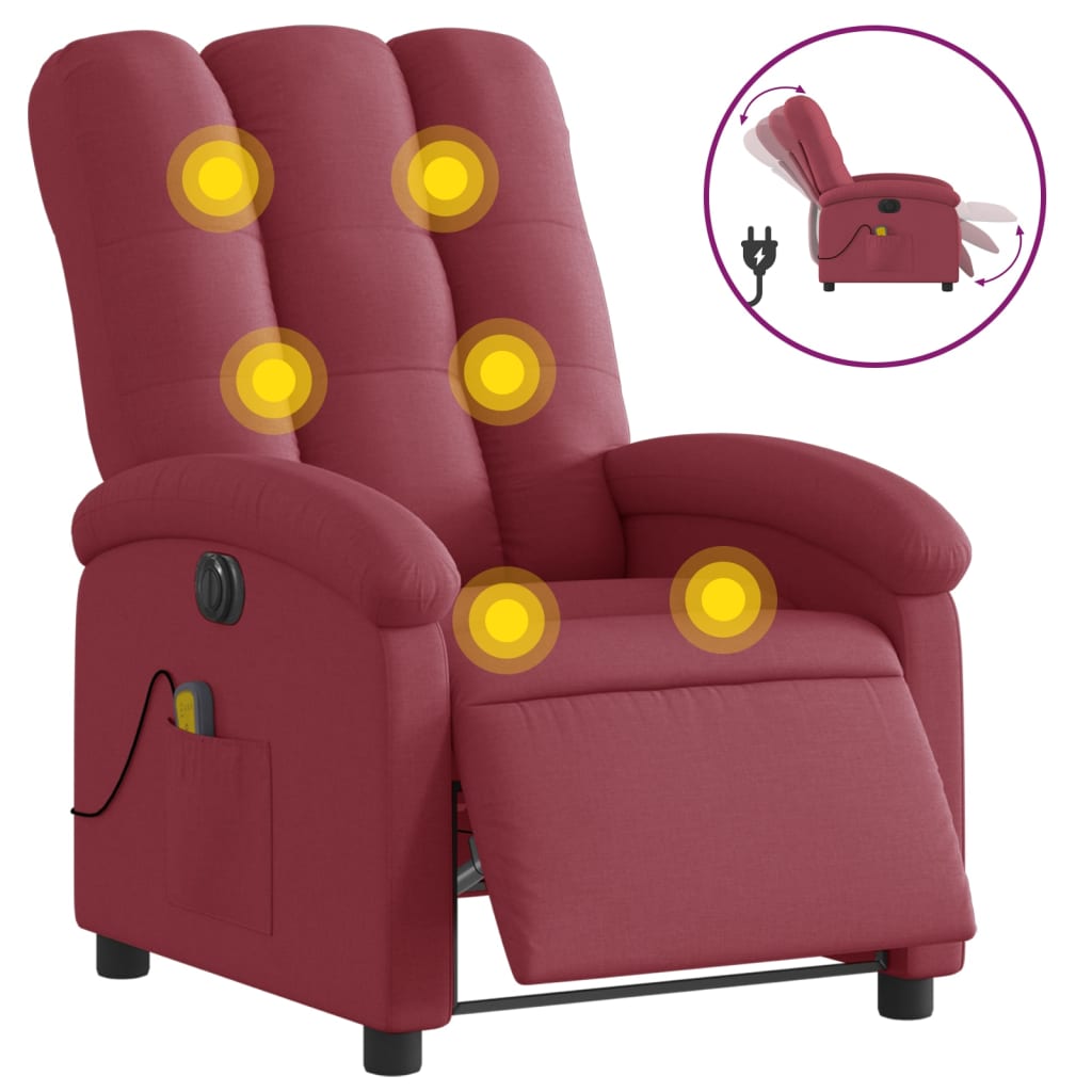 Vidaxl poltrona reclinável de massagens elétrica tecido vermelho tinto
