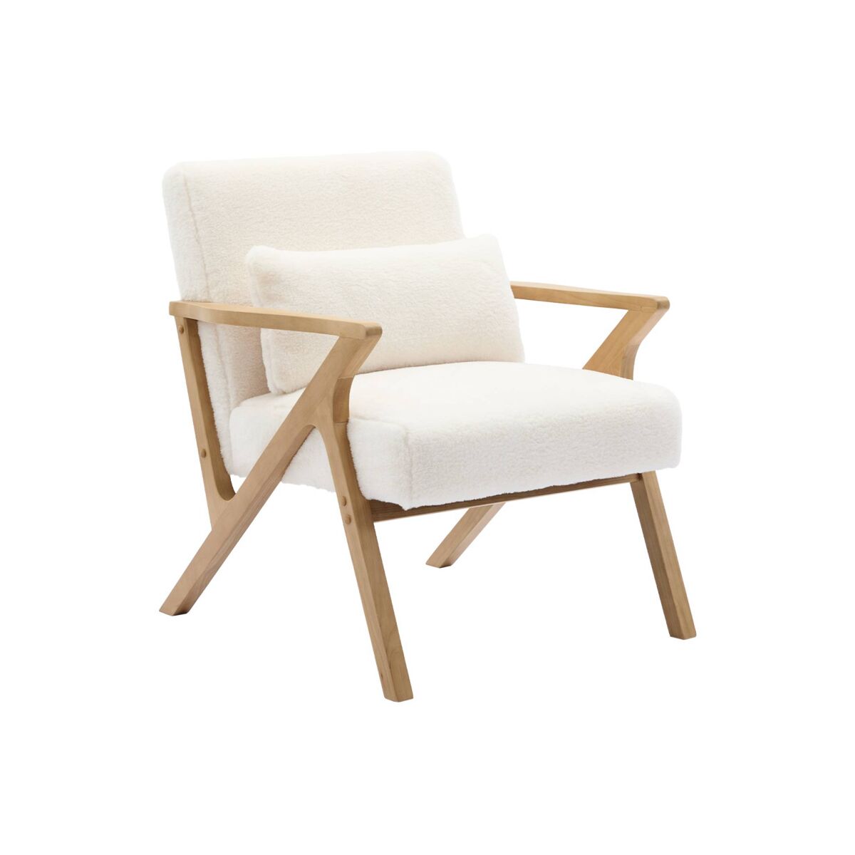 Cadeirão escandinavo em madeira de hevea e tecido de pelo sintético, antoine, branco, 70.5x75x81 cm