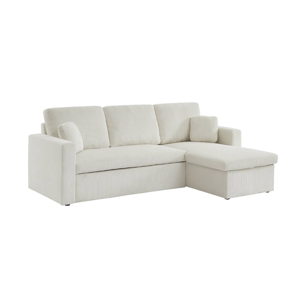 Sofá-cama de canto conversível de 3 lugares, ida veludo canelado, creme, 219x81x68 cm