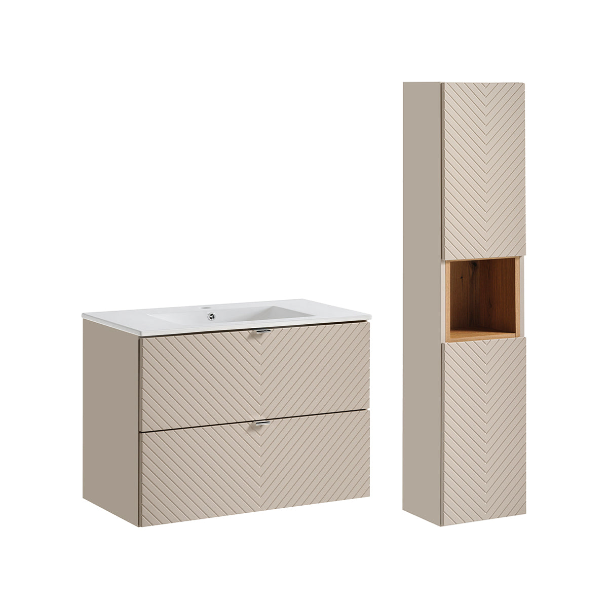 Conjunto móvel lavatório individual embutido 80cm 2 gavetas e enceinte manoa caxemira e madeira