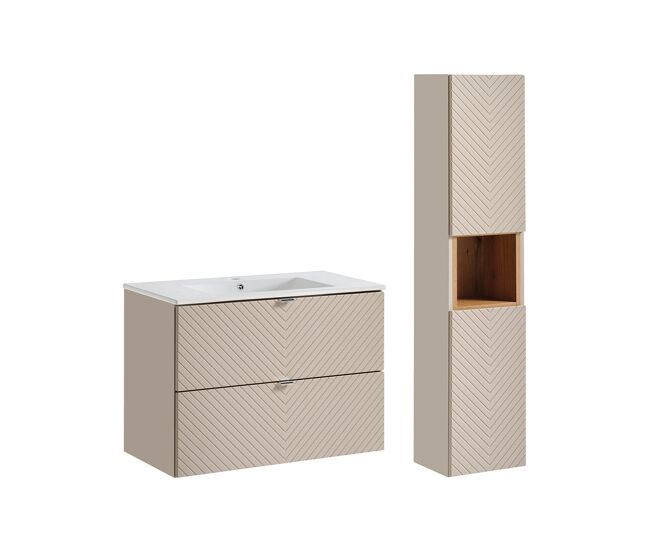 Conjunto móvel lavatório individual embutido 80cm 2 gavetas e enceinte manoa caxemira e madeira