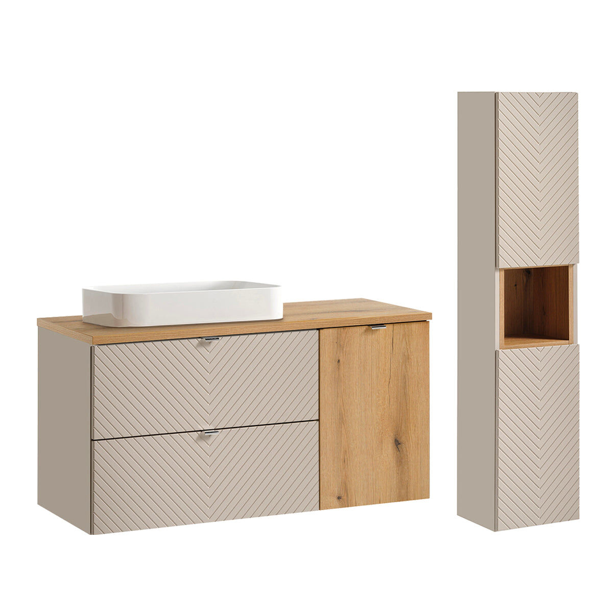 Conjunto de lavatório individual de 120 cm com cesto para roupa e coluna manoa caxemira e madeira