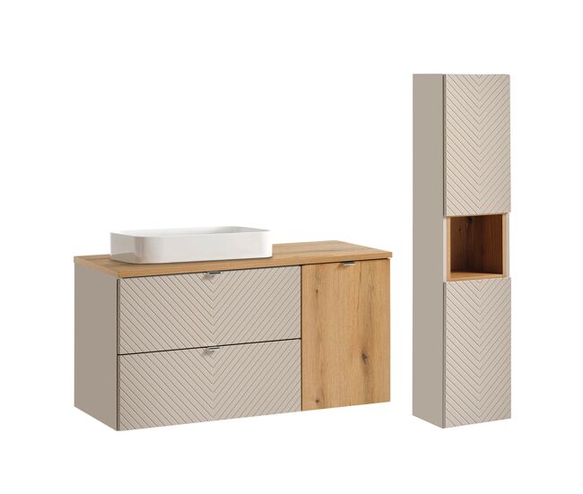 Conjunto de lavatório individual de 120 cm com cesto para roupa e coluna manoa caxemira e madeira