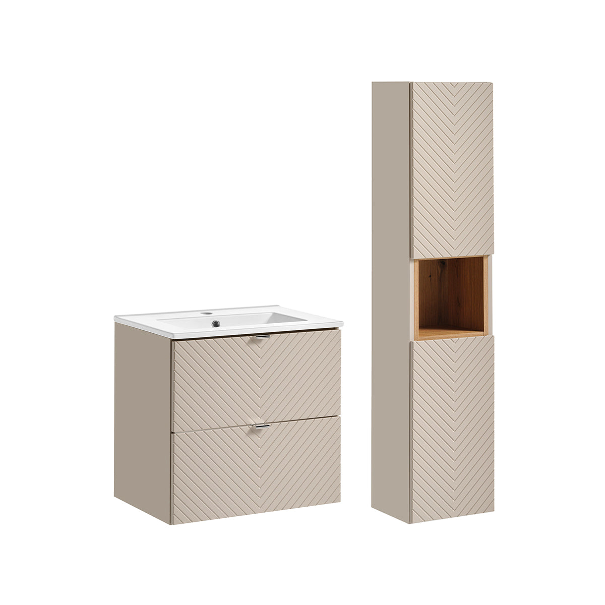 Conjunto móvel lavatório individual embutido 60cm 2 gavetas e coluna manoa caxemira e madeira