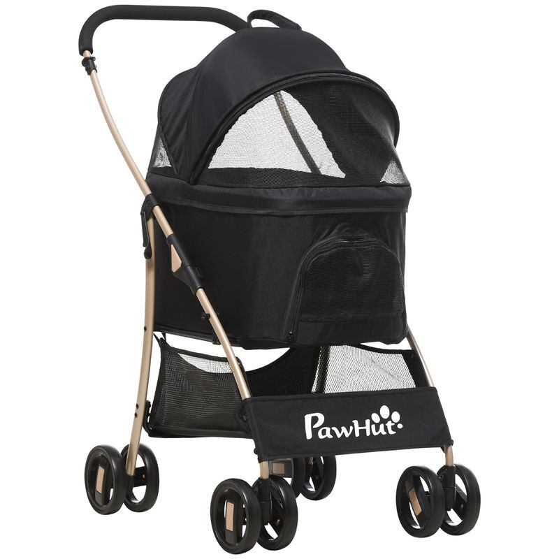 Pawhut carrinho para animais de estimação 3 em 1 carrinho para cães e gatos dobrável com bolsa de transporte cesta de armazenamento e travão tecido de