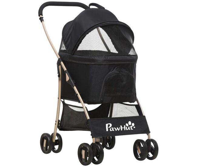 Pawhut carrinho para animais de estimação 3 em 1 carrinho para cães e gatos dobrável com bolsa de transporte cesta de armazenamento e travão tecido de