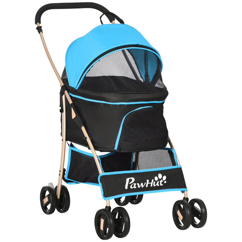 Pawhut carrinho para animais de estimação 3 em 1 carrinho para cães e gatos dobrável com bolsa de transporte cesta de armazenamento e travão tecido de oxford 600d carga máxima 15kg 82x49,5x98cm bleu