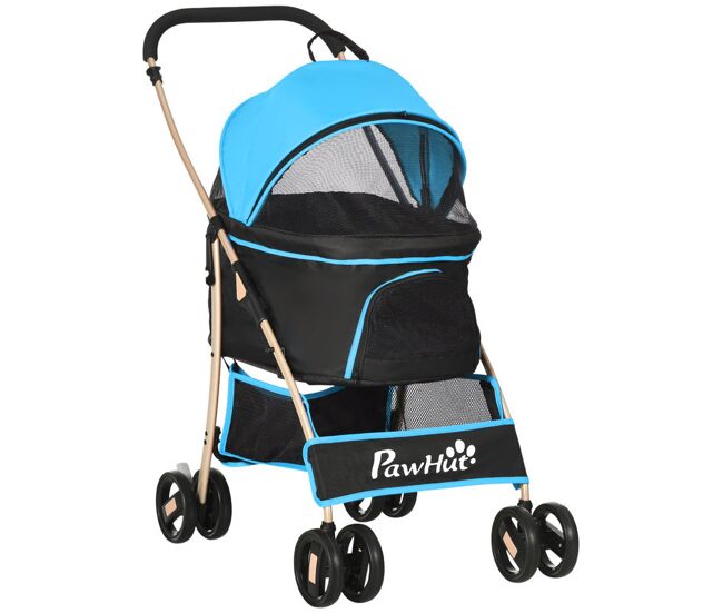 Pawhut carrinho para animais de estimação 3 em 1 carrinho para cães e gatos dobrável com bolsa de transporte cesta de armazenamento e travão tecido de oxford 600d carga máxima 15kg 82x49,5x98cm bleu