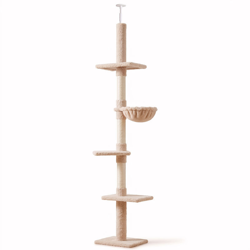 Pawhut árvore arranhadora para gatos arranhador para fixar ao teto altura ajustável com plataformas poste de sisal 40x34x230-260cm bege