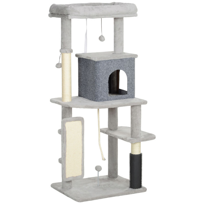 Pawhut arranhador para gatos grande altura 132 cm arranhador para gatos com plataformas postes com escova bolas suspensas e almofadas para arranhar