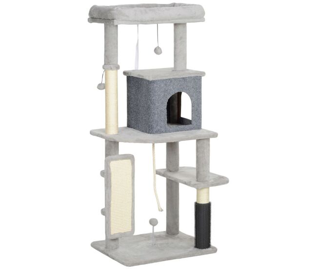 Pawhut arranhador para gatos grande altura 132 cm arranhador para gatos com plataformas postes com escova bolas suspensas e almofadas para arranhar
