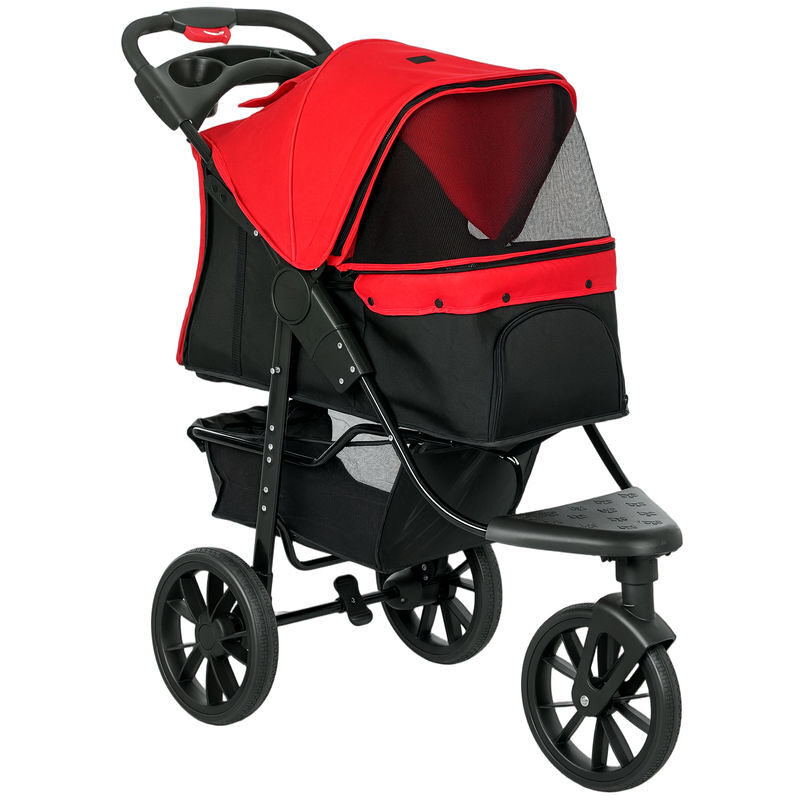 Pawhut carrinho dobrável para animais de estimação com 3 rodas correias de segurança e cesto de armazenamento 109,5x54,5x106,5 cm vermelho e preto