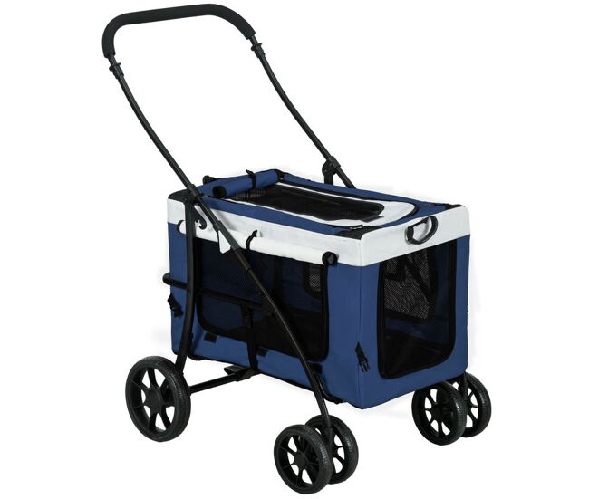 Pawhut carrinho para animais de estimação carrinho para cães dobrável com compartimento desmontável 4 portas com fecho de correr 2 correias de segurança e de transporte 81x58x97,5 cm bleu