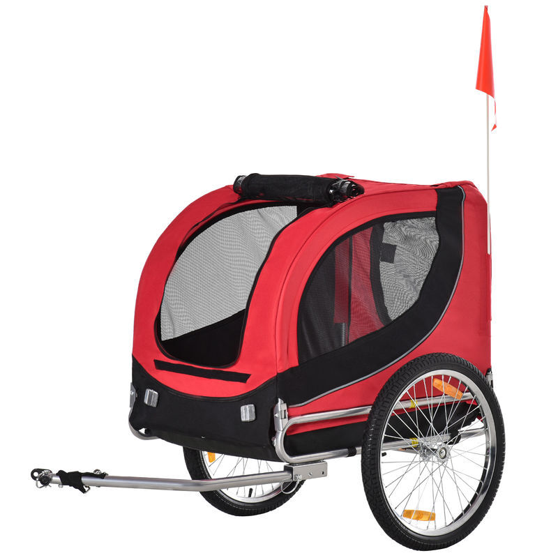 Pawhut reboque de bicicleta para cães reboque de bicicleta para animais de estimação com 1 bandeira e reflectores 130x73x90cm vermelho e preto