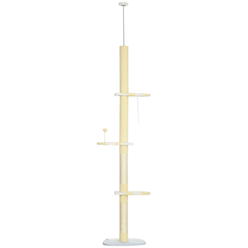 Pawhut árvore para gatos do chão ao teto 220-260cm altura ajustável torre para gatos com 3 plataformas poste de sisal e bola para brincar 47x34x220-