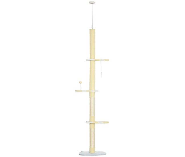 Pawhut árvore para gatos do chão ao teto 220-260cm altura ajustável torre para gatos com 3 plataformas poste de sisal e bola para brincar 47x34x220-
