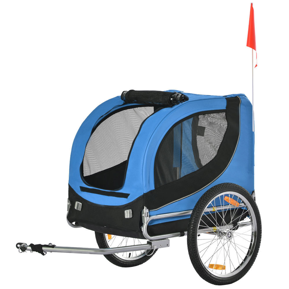 Pawhut reboque de bicicleta para cães reboque de bicicleta para animais de estimação com 1 bandeira e reflectores 130x73x90cm azul e preto
