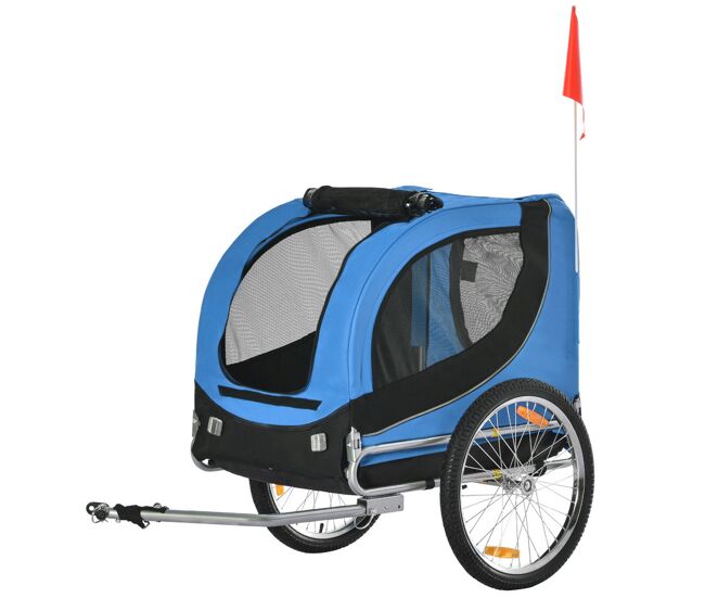 Pawhut reboque de bicicleta para cães reboque de bicicleta para animais de estimação com 1 bandeira e reflectores 130x73x90cm azul e preto
