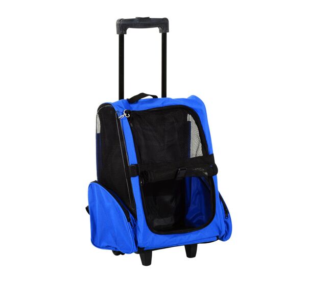 Pawhut transportadora 2 em 1 para animais de estimação mochila ou carrinho de viagem para cães e gatos com 2 rodas alça retrátil de alumínio e bolso