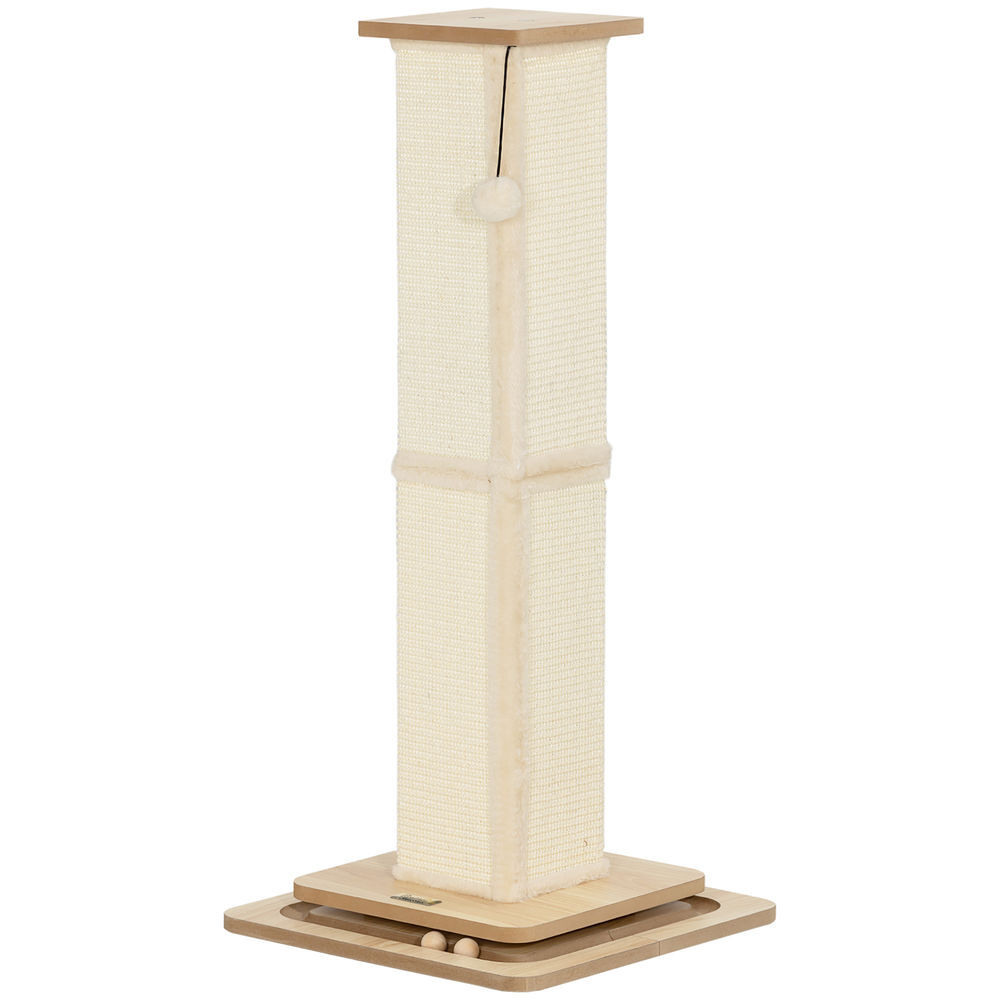 Pawhut poste arranhador para gatos 87 cm arranhador para gatos com bola suspensa trilho com bola e poste de sisal bege e madeira
