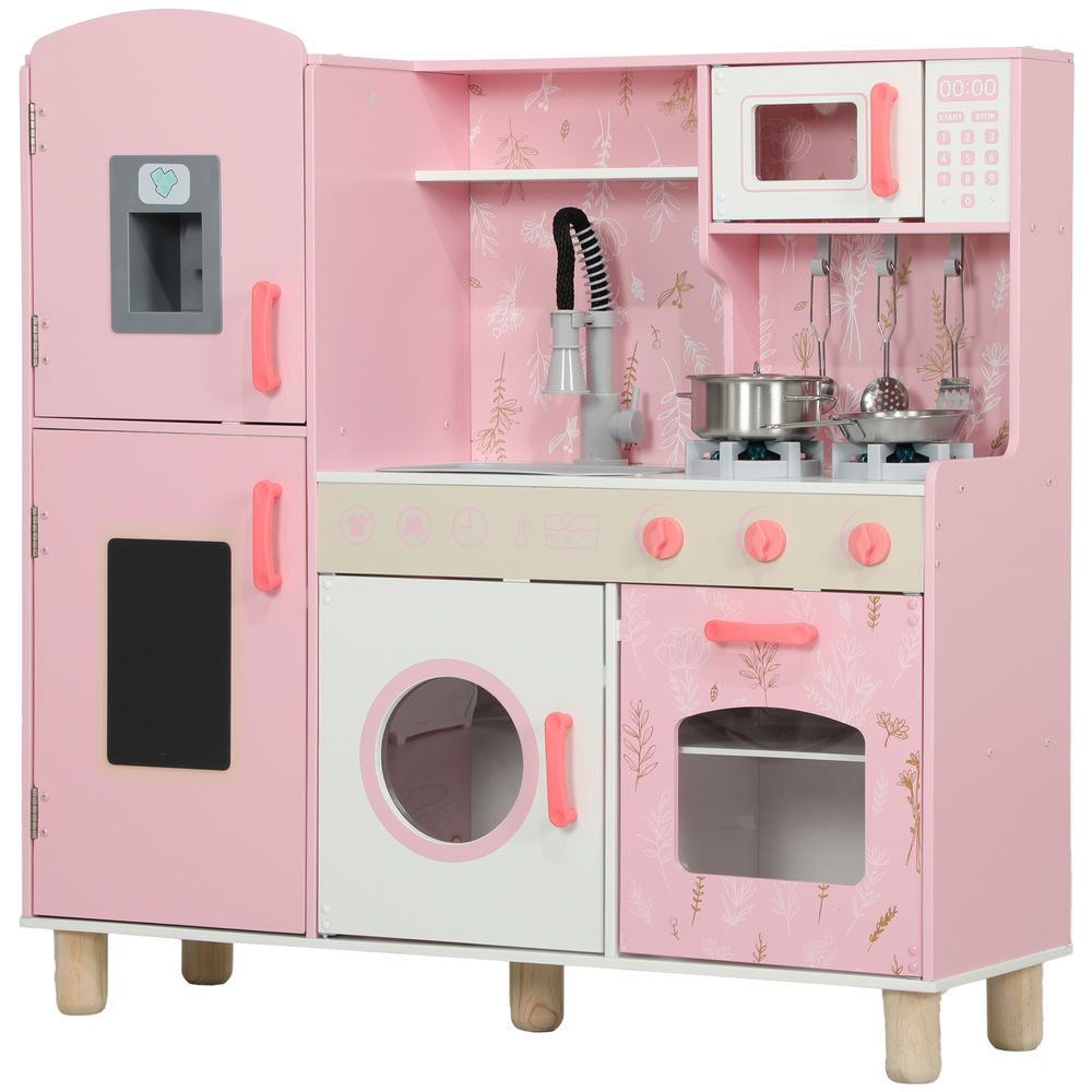 Aiyaplay cozinha de madeira para crianças acima de 3 anos cozinha infantil com sons fogão forno micro-ondas máquina de gelo e acessórios 90x33,3x91,6