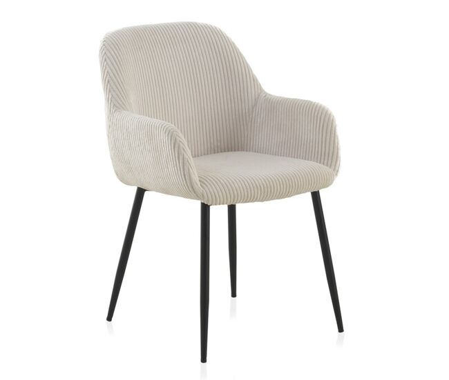 Conjunto de 4 poltronas estofadas em tecido de veludo cotelê branco com pés em metal preto