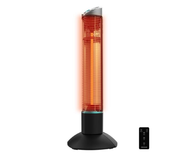 Cecotec aquecedor de torre para exteriores com 1000 w, tecnologia halogénea, 2 níveis de potência, função oscilação e controlo remoto.