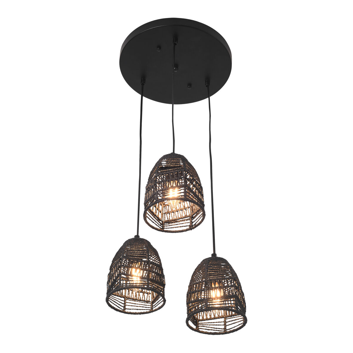 Candeeiro suspenso andover ajustável em altura metal + rattan 3xe14 - preto[lux.pro]