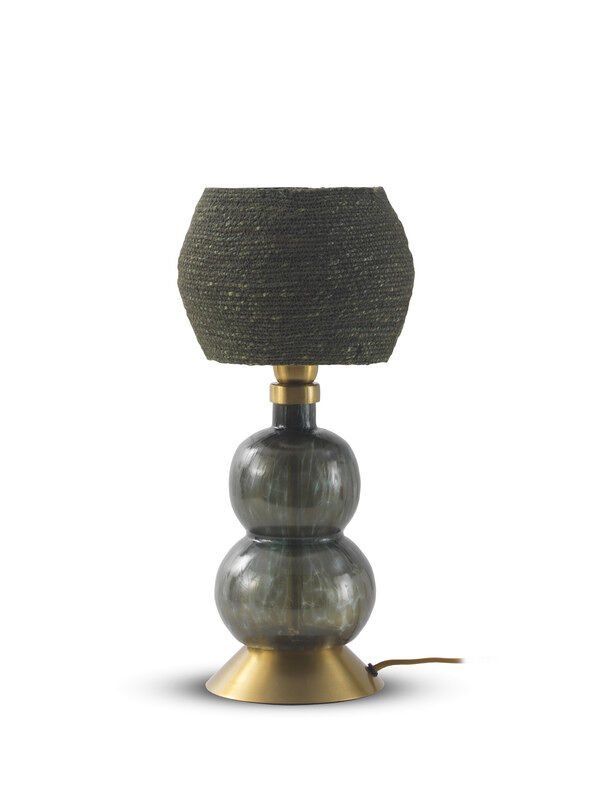 Candeeiro de mesa de vidro preto com amostra de fibra natural trançada preta