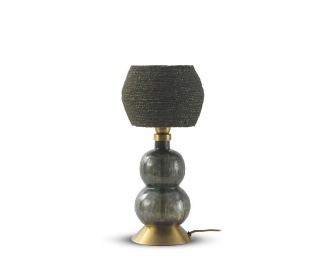 Candeeiro de mesa de vidro preto com amostra de fibra natural trançada preta