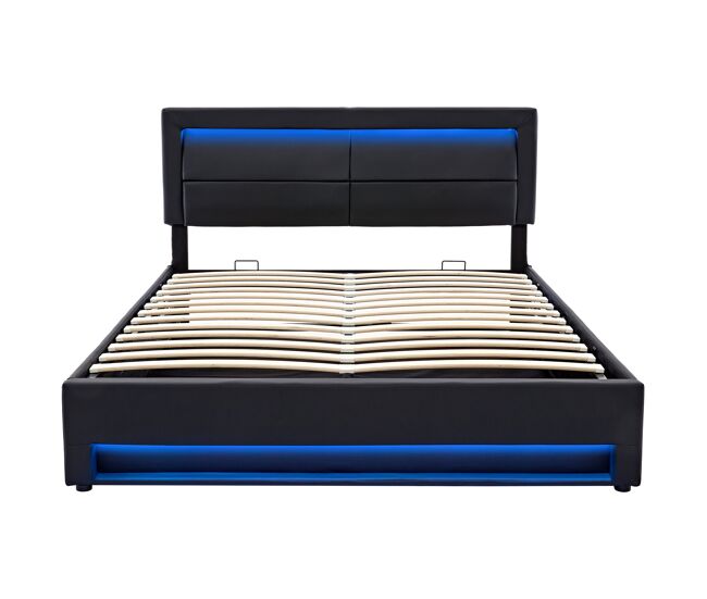 Cama contentora em pele sintética de 140x200 cm com led - com portas de carregamento (com e sem fios) - preto