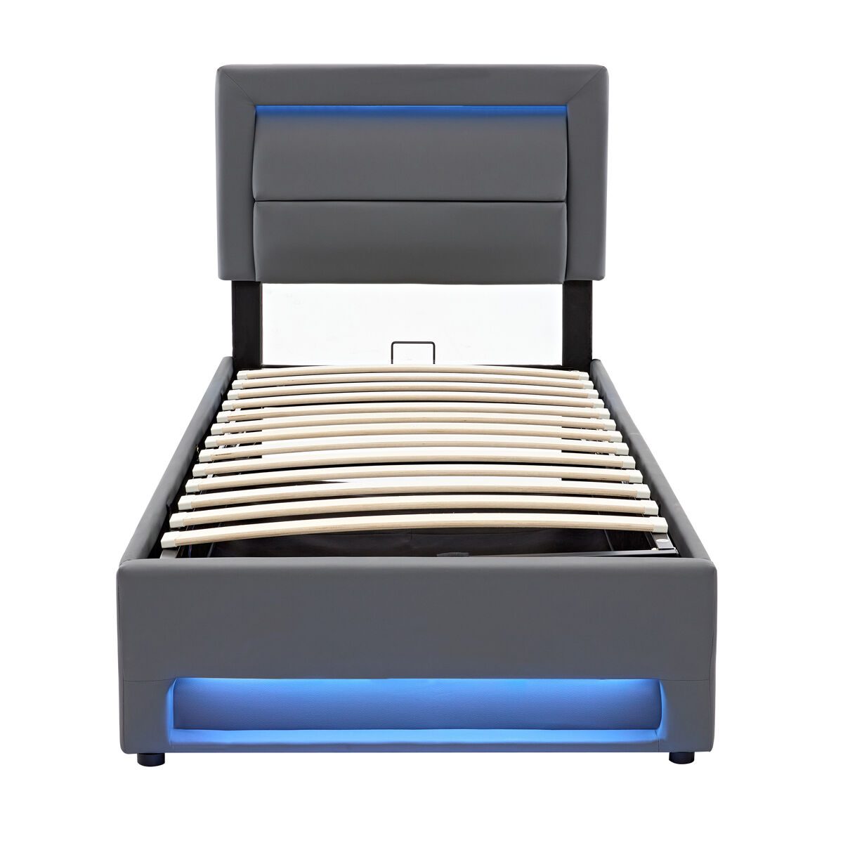 Cama contentora em pele sintética de 90x200 cm com led - com portas de carregamento (com e sem fios) - cinzento
