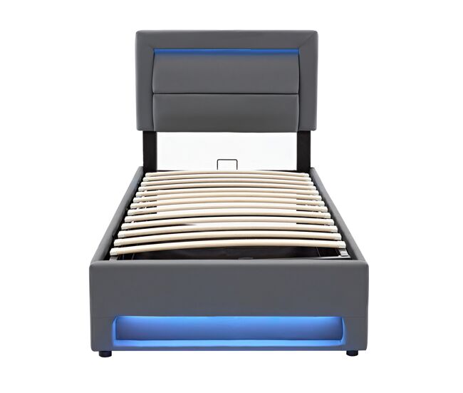 Cama contentora em pele sintética de 90x200 cm com led - com portas de carregamento (com e sem fios) - cinzento