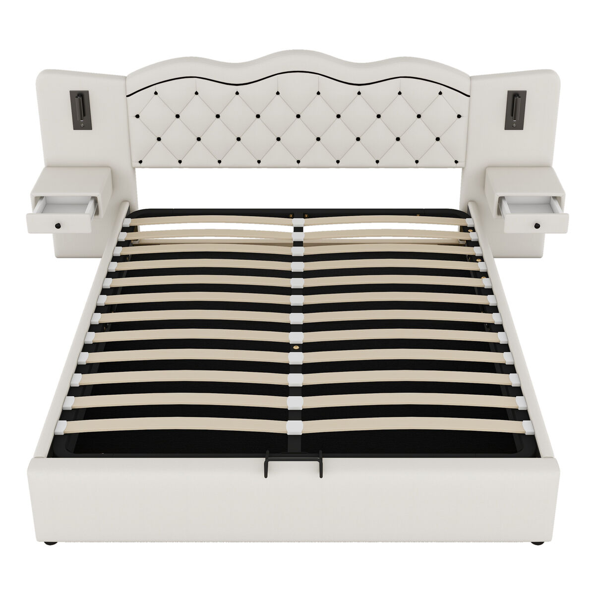 Cama de linho com arrumação 180x200 cm - 2 mesas de cabeceira com arrumação com tomada usb e candeeiros - bege