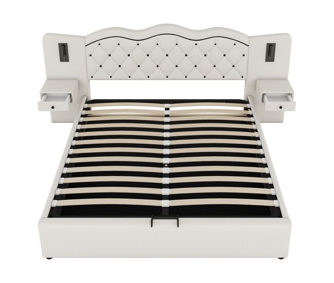 Cama de linho com arrumação 180x200 cm - 2 mesas de cabeceira com arrumação com tomada usb e candeeiros - bege