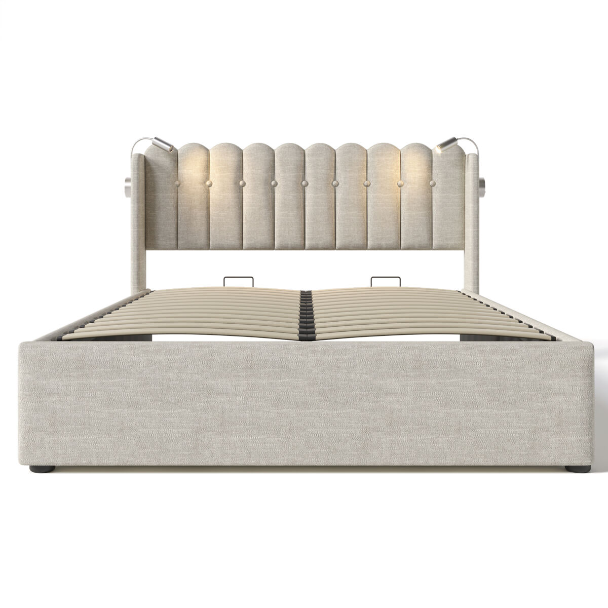 Cama contentora estofada com led e portas de carregamento usb - 140x200cm - tecido de linho - com estrado de molas - bege