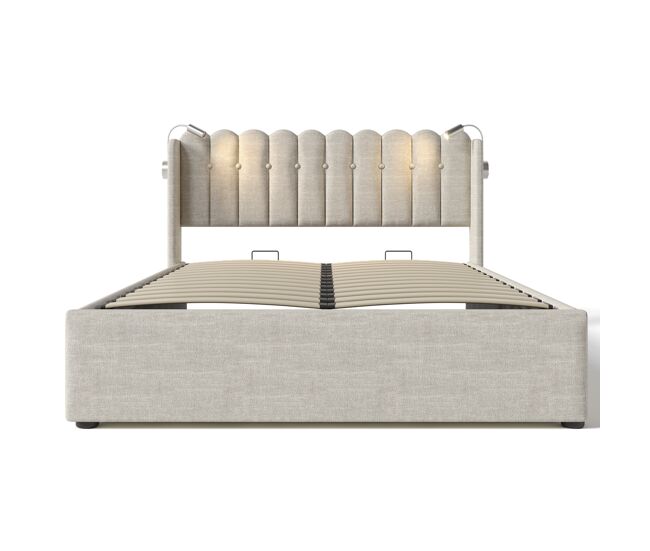 Cama contentora estofada com led e portas de carregamento usb - 140x200cm - tecido de linho - com estrado de molas - bege