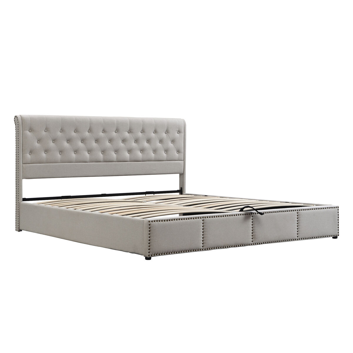 Cama contentora estofada em linho - decorada com rebites - com estrado de ripas - 160x200cm - cinzento claro