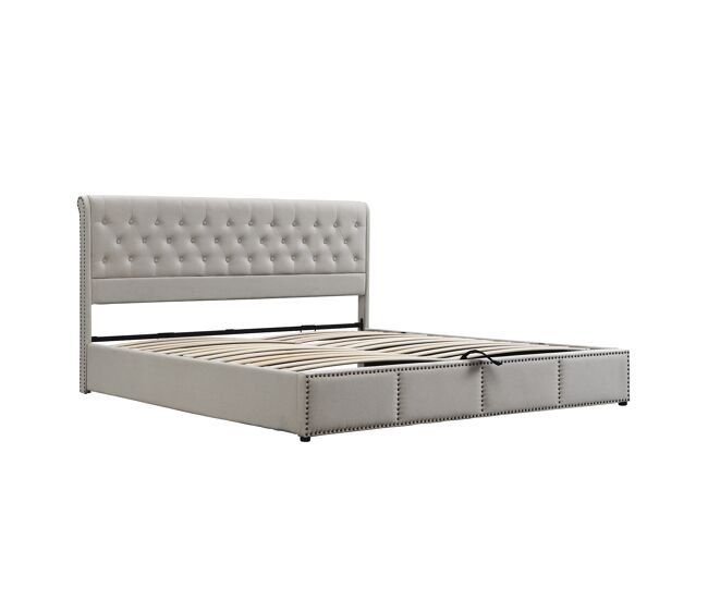 Cama contentora estofada em linho - decorada com rebites - com estrado de ripas - 160x200cm - cinzento claro