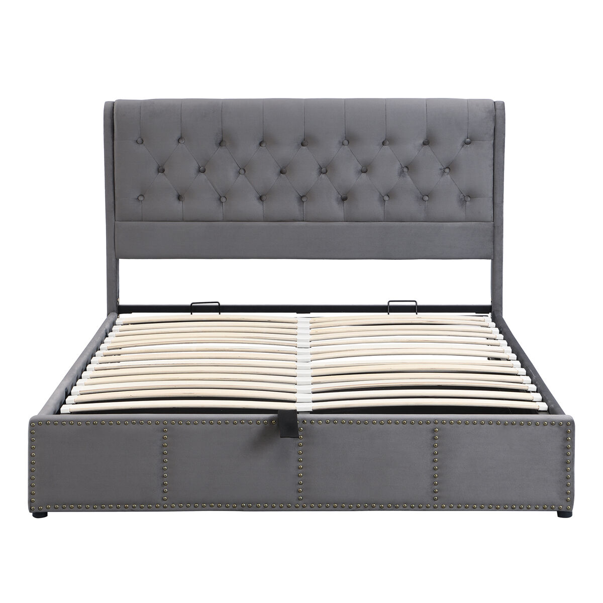 Cama contentora estofada em veludo - decorada com rebites - com estrado de ripas - 140x200cm - cinzento