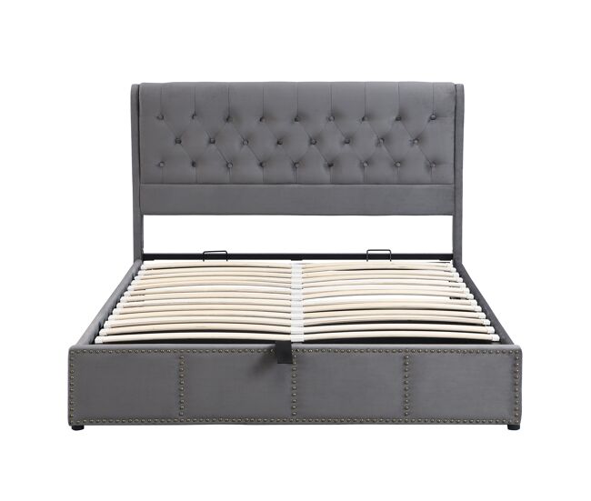 Cama contentora estofada em veludo - decorada com rebites - com estrado de ripas - 140x200cm - cinzento