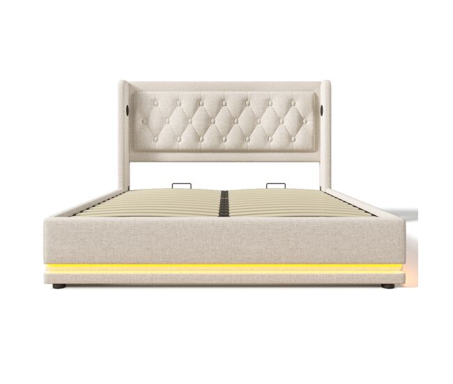 Cama contentora estofada de 140 x 200 cm em tecido de algodão - com função de carga e led ao pé da cama - bege
