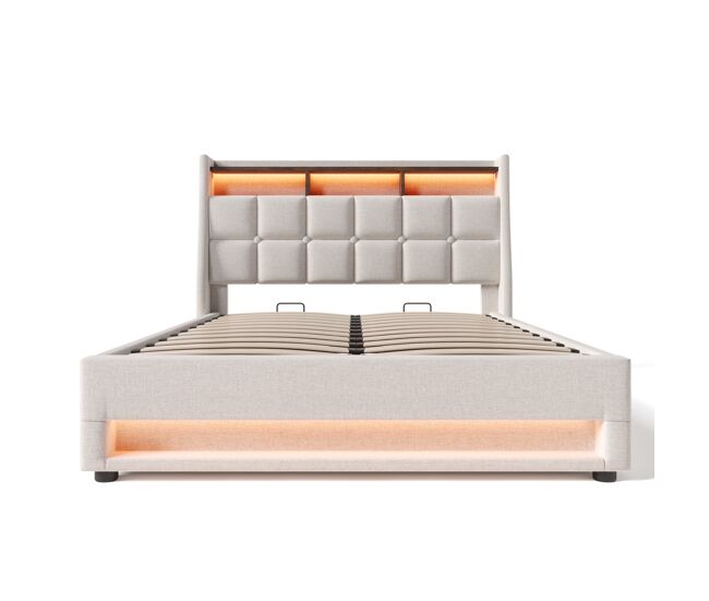 Cama para arrumação de roupa de cama 140x200 cm com led e portas usb - estrado - bege