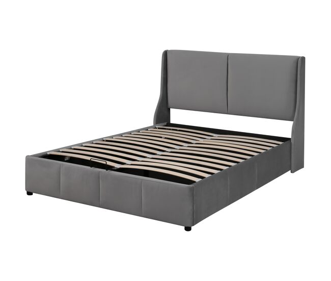 Cama de arrumação estofada em veludo 140x190cm - cama de arrumação com estrado de ripas - cinzento
