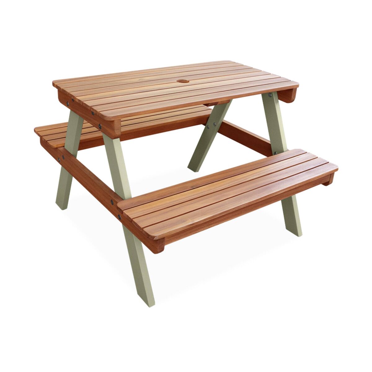 Mesa de piquenique em madeira para enfants, 2 lugares, caroline, verde gris, 71x35.5x50 cm