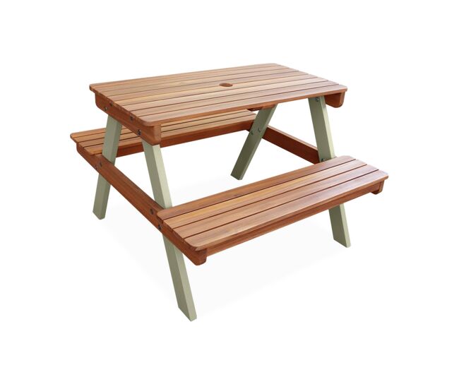 Mesa de piquenique em madeira para enfants, 2 lugares, caroline, verde gris, 71x35.5x50 cm