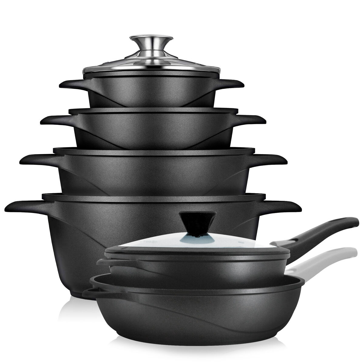 Briebe mgk1219 trem de cozinha indução 12 peças, alumínio fundido antiaderente, 4 panelas + 2 frigideira con tampas, , noir
