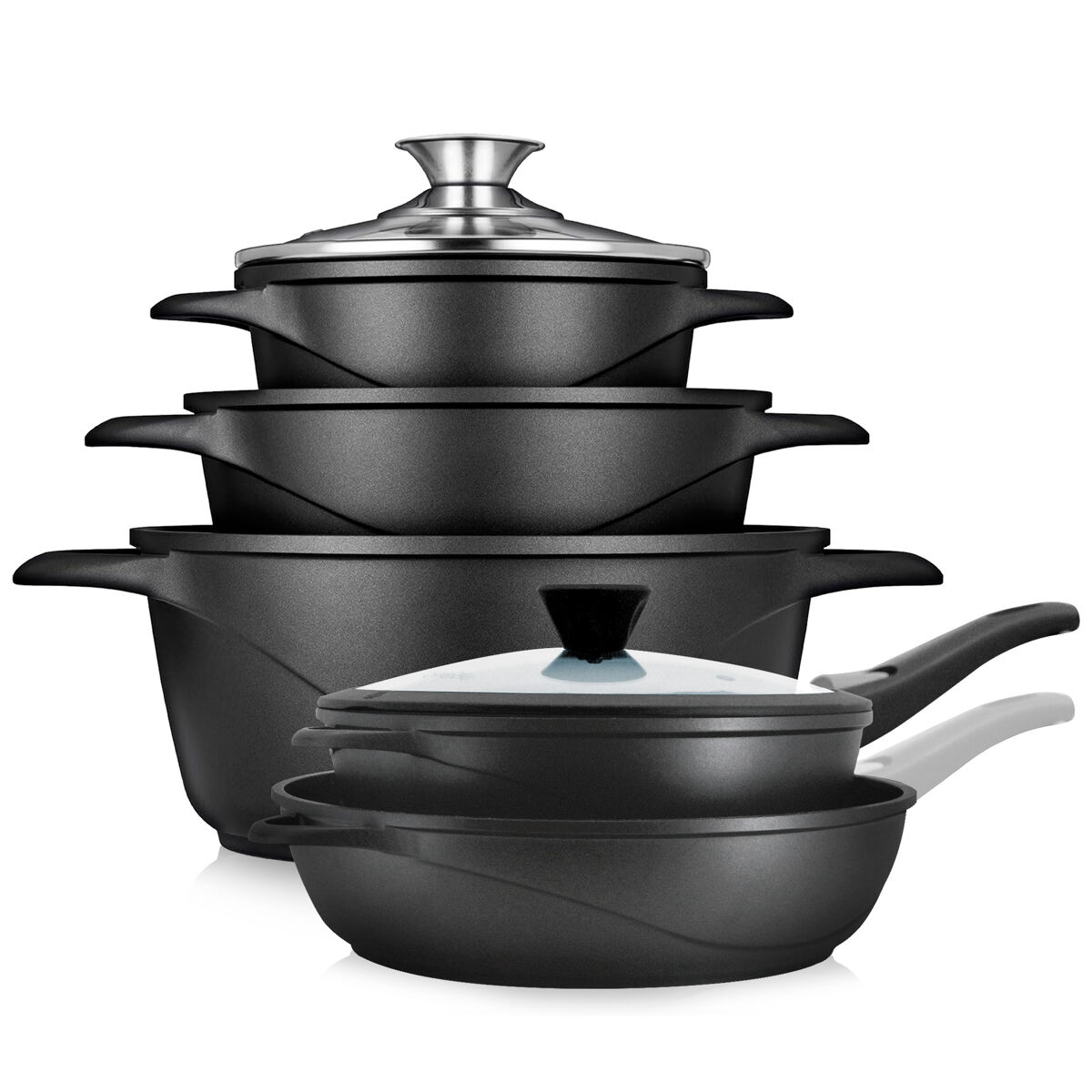 Briebe mgk1819 trem de cozinha indução 10 peças, alumínio fundido antiaderente, 3 panelas + 2 frigideira con tampas, , noir