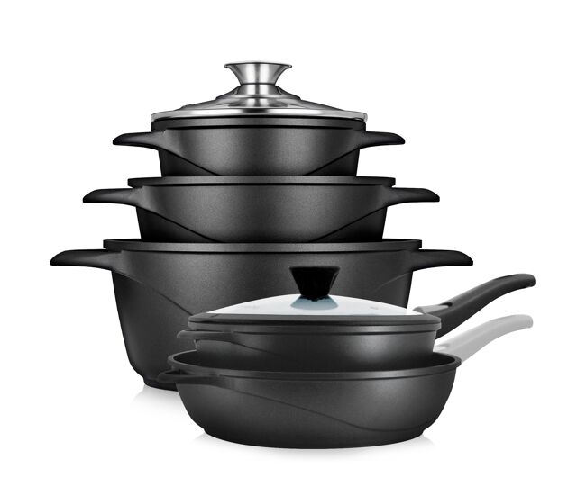 Briebe mgk1819 trem de cozinha indução 10 peças, alumínio fundido antiaderente, 3 panelas + 2 frigideira con tampas, , noir